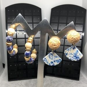 Curated bundle Asian ceramic statement look earrings hoops and dangle drop.